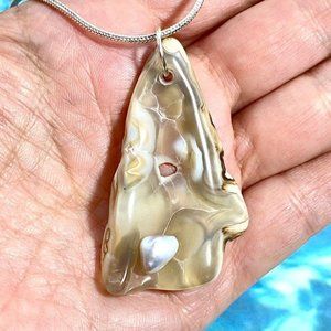 Tampa Bay Fossil Coral Agate & Gray Tone Natural Pearl Pendant Silver Necklace